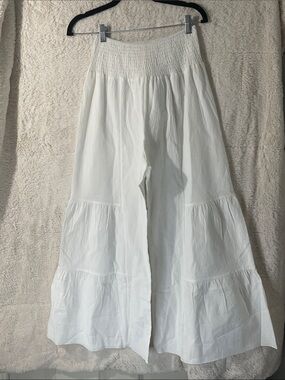 TFY Collection White Wide-Leg Tiered Pants with Smocked Waist